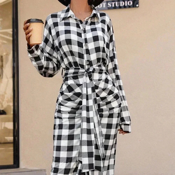 Black & White Casual Womens Gingham Drop Shoulder Ruched Belted Shirt Dress - Picture 4 of 5